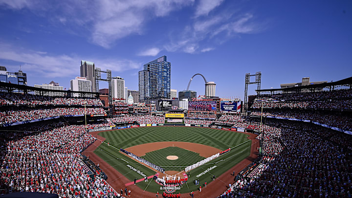 Mar 26, 2026; St. Louis, Missouri, USA; A general view during the national anthem before the opening day game between the St. Louis Cardinals and the Tampa Bay Rays at Busch Stadium. Mandatory Credit: Jeff Curry-Imagn Images Mar 26, 2026; St. Louis, Missouri, USA; A general view during the national anthem before the opening day game between the St. Louis Cardinals and the Tampa Bay Rays at Busch Stadium. Mandatory Credit: Jeff Curry-Imagn Images