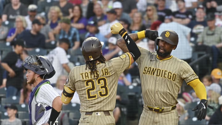 May 10, 2025; Denver, Colorado, USA; San Diego Padres outfielder Fernando Tatis Jr. (23) is congratulated by San Diego Padres outfielder Jason Heyward (22) after his home run in the fifth inning against the Colorado Rockies at Coors Field. Mandatory Credit: John Leyba-Imagn Images May 10, 2025; Denver, Colorado, USA; San Diego Padres outfielder Fernando Tatis Jr. (23) is congratulated by San Diego Padres outfielder Jason Heyward (22) after his home run in the fifth inning against the Colorado Rockies at Coors Field. Mandatory Credit: John Leyba-Imagn Images