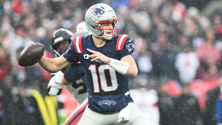 Jan 18, 2026; Foxborough, MA, USA; New England Patriots quarterback Drake Maye (10) throws in the first quarter in an AFC Divisional Round game against the Houston Texans at Gillette Stadium. Mandatory Credit: Brian Fluharty-Imagn Images