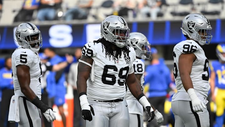 Oct 20, 2024; Inglewood, California, USA; Las Vegas Raiders defensive tackle Adam Butler (69), linebacker Divine Deablo (5), cornerback Jack Jones (18) and defensive tackle Jonah Laulu (96) during a game against the Los Angeles Rams during a game against the Los Angeles Rams at SoFi Stadium. Mandatory Credit: Robert Hanashiro-Imagn Images Oct 20, 2024; Inglewood, California, USA; Las Vegas Raiders defensive tackle Adam Butler (69), linebacker Divine Deablo (5), cornerback Jack Jones (18) and defensive tackle Jonah Laulu (96) during a game against the Los Angeles Rams during a game against the Los Angeles Rams at SoFi Stadium. Mandatory Credit: Robert Hanashiro-Imagn Images