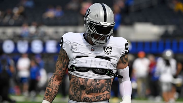 Oct 20, 2024; Inglewood, California, USA; Las Vegas Raiders defensive end Maxx Crosby (98) during pregame warmups before an NFL game against the Los Angeles Rams at SoFi Stadium. Mandatory Credit: Robert Hanashiro-Imagn Images