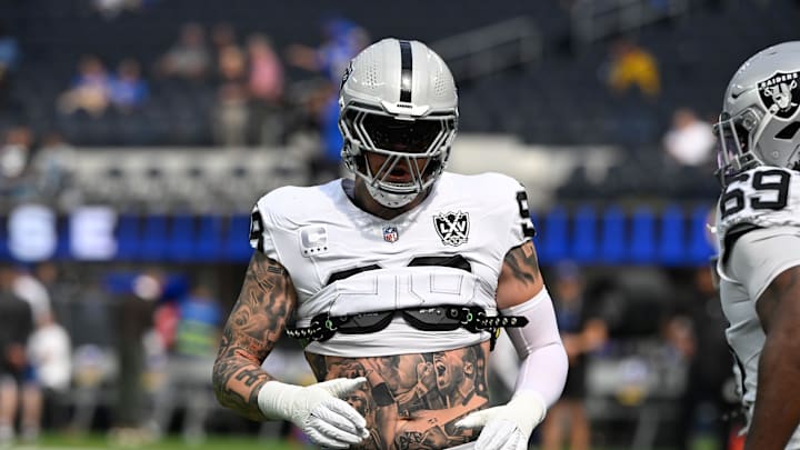 Oct 20, 2024; Inglewood, California, USA; Las Vegas Raiders defensive end Maxx Crosby (98) during pregame warmups before an NFL game against the Los Angeles Rams at SoFi Stadium. Mandatory Credit: Robert Hanashiro-Imagn Images