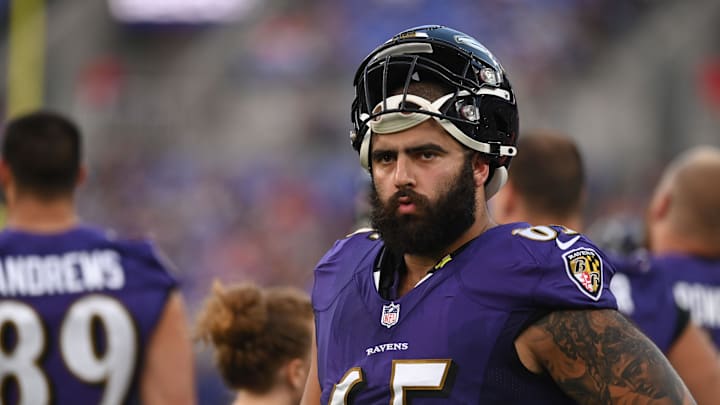 Baltimore Ravens guard Patrick Mekari during the first quarter against the Washington Commanders at M&T Bank Stadium. Mandatory Credit: Tommy Gilligan-Imagn Images Baltimore Ravens guard Patrick Mekari during the first quarter against the Washington Commanders at M&T Bank Stadium. Mandatory Credit: Tommy Gilligan-Imagn Images