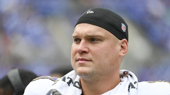 Baltimore Ravens defensive end Brent Urban on the sidelines during the second half against the Atlanta Falcons.