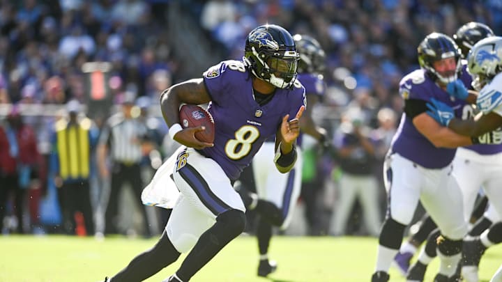 Oct 22, 2023; Baltimore, Maryland, USA; Baltimore Ravens quarterback Lamar Jackson (8) rushes during the first half against the Detroit Lions  at M&T Bank Stadium. Mandatory Credit: Tommy Gilligan-Imagn Images