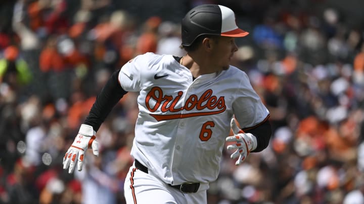 Mar 31, 2024; Baltimore, Maryland, USA; Baltimore Orioles first baseman Ryan Mountcastle (6) runs Mar 31, 2024; Baltimore, Maryland, USA; Baltimore Orioles first baseman Ryan Mountcastle (6) runs