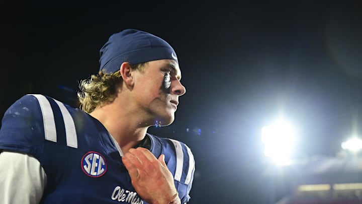 Nov 29, 2024; Oxford, Mississippi, USA; Mississippi Rebels quarterback Jaxson Dart (2) reacts after the game against the Mississippi State Bulldogs at Vaught-Hemingway Stadium. Mandatory Credit: Matt Bush-Imagn Images