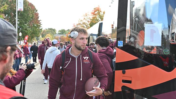 Oct 17, 2026; Blacksburg, Virginia, USA;  Virginia Tech Hokies quarterback Ethan Grunkemeyer (17) gets off the bus before the game  at Lane Stadium.  Mandatory Credit: Brian Bishop-Imagn Images