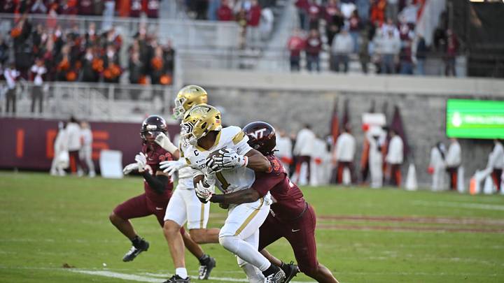 Oct 17, 2026; Blacksburg, Virginia, USA;  Virginia Tech Hokies linebacker Keon Wylie (33) tackles Georgia Tech Yellow Jackets running back Trelain Maddox (1) during the fourth quarter at Lane Stadium.  Mandatory Credit: Brian Bishop-Imagn Images