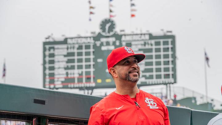Jul 5, 2026; Chicago, Illinois, USA; St. Louis Cardinals manager Oliver Marmol (37) looks on from the dugout prior to a game against the Chicago Cubs at Wrigley Field. Mandatory Credit: Patrick Gorski-Imagn Images