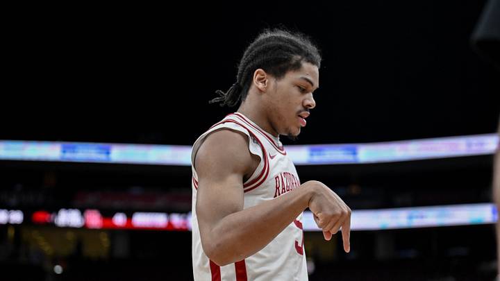 Dec 20, 2025; Newark, New Jersey, USA; Arkansas Razorbacks guard Darius Acuff Jr. (5) reacts after making a shot against the Houston Cougars during the first half at Prudential Center. Mandatory Credit: John Jones-Imagn Images Dec 20, 2025; Newark, New Jersey, USA; Arkansas Razorbacks guard Darius Acuff Jr. (5) reacts after making a shot against the Houston Cougars during the first half at Prudential Center. Mandatory Credit: John Jones-Imagn Images