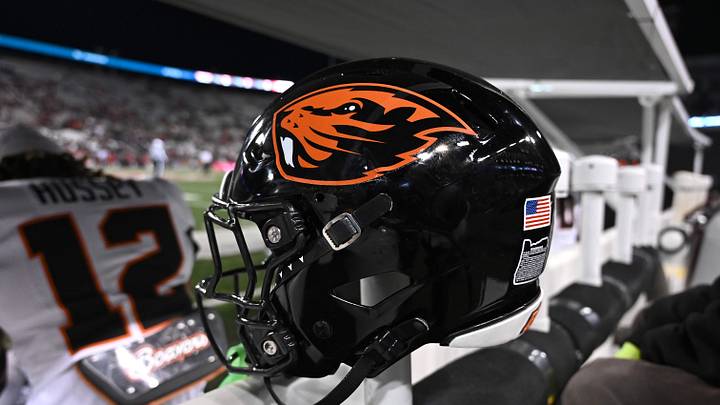Nov 29, 2025; Pullman, Washington, USA; Oregon State Beavers helmet sits during a game against the Washington State Cougars in the second half at Gesa Field at Martin Stadium. Mandatory Credit: James Snook-Imagn Images