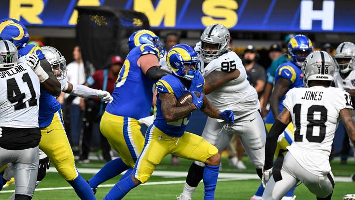 Oct 20, 2024; Inglewood, California, USA; Los Angeles Rams running back Kyren Williams (23) breaks through the line of scrimmage to score a touchdown in the second quarter against the Las Vegas Raiders at SoFi Stadium. Mandatory Credit: Robert Hanashiro-Imagn Images Oct 20, 2024; Inglewood, California, USA; Los Angeles Rams running back Kyren Williams (23) breaks through the line of scrimmage to score a touchdown in the second quarter against the Las Vegas Raiders at SoFi Stadium. Mandatory Credit: Robert Hanashiro-Imagn Images