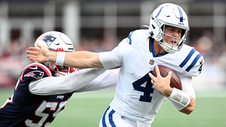 Nov 6, 2022; Foxborough, Massachusetts, USA; Indianapolis Colts quarterback Sam Ehlinger (4) runs