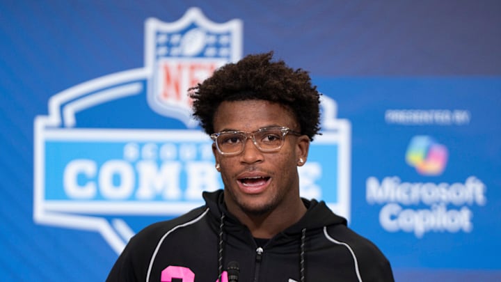 Feb 26, 2026; Indianapolis, IN, USA; Ohio State defensive back Caleb Downs (DB34) speaks to members of the media during the NFL Combine at the Indiana Convention Center. Mandatory Credit: Jacob Musselman-Imagn Images