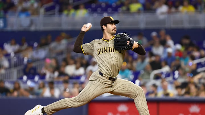 Aug 11, 2024; Miami, Florida, USA; San Diego Padres starting pitcher Dylan Cease (84) delivers a pitch against the Miami Marlins during the first inning at loanDepot Park. Mandatory Credit: Sam Navarro-Imagn Images