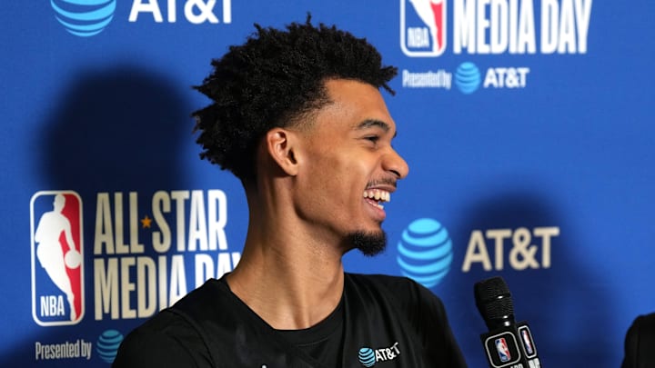 Feb 15, 2025; Oakland, CA, USA; Chuck’s Global Stars forward Victor Wembanyama (1) of the San Antonio Spurs is interviewed during the NBA All Star-Practice at Oakland Arena.