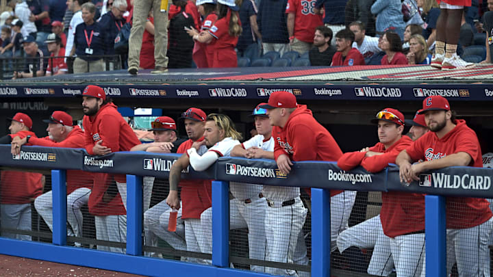 Oct 2, 2025; Cleveland, Ohio, USA; Cleveland Guardians react after losing the Wildcard round series to the Detroit Tigers for the 2025 MLB playoffs at Progressive Field. Mandatory Credit: Ken Blaze-Imagn Images Oct 2, 2025; Cleveland, Ohio, USA; Cleveland Guardians react after losing the Wildcard round series to the Detroit Tigers for the 2025 MLB playoffs at Progressive Field. Mandatory Credit: Ken Blaze-Imagn Images