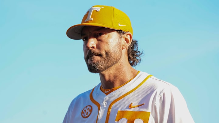 Tennessee baseball head coach Tony Vitello during a NCAA baseball game between the Tennessee Volunteers and Florida Gators at Lindsey Nelson Stadium in Knoxville, Tenn., on Friday, March 14, 2025.