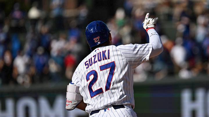 Sep 24, 2026; Chicago, Illinois, USA; Chicago Cubs right fielder Seiya Suzuki (27) points after he hit a home run during the fifth inning against the Miami Marlins at Wrigley Field. Mandatory Credit: Matt Marton-Imagn Images Sep 24, 2026; Chicago, Illinois, USA; Chicago Cubs right fielder Seiya Suzuki (27) points after he hit a home run during the fifth inning against the Miami Marlins at Wrigley Field. Mandatory Credit: Matt Marton-Imagn Images
