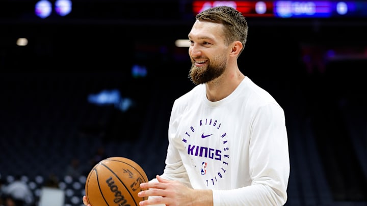 Mar 17, 2025; Sacramento, California, USA; Sacramento Kings forward Domantas Sabonis (11) warms up before a game against the Portland Trail Blazers at Golden 1 Center. Mandatory Credit: Sergio Estrada-Imagn Images