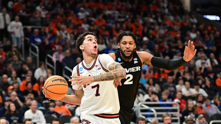 Mar 21, 2025; Milwaukee, WI, USA: Illinois Fighting Illini forward Will Riley (7) drives to the hoop past Xavier Musketeers forward Jerome Hunter (2) during the second half at Fiserv Forum. Mandatory Credit: Benny Sieu-Imagn Images Mar 21, 2025; Milwaukee, WI, USA: Illinois Fighting Illini forward Will Riley (7) drives to the hoop past Xavier Musketeers forward Jerome Hunter (2) during the second half at Fiserv Forum. Mandatory Credit: Benny Sieu-Imagn Images