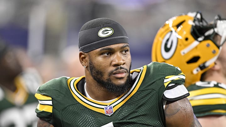 Sep 28, 2025; Arlington, Texas, USA; Green Bay Packers defensive end Micah Parsons (1) looks on in the second half against the Dallas Cowboys at AT&T Stadium. Sep 28, 2025; Arlington, Texas, USA; Green Bay Packers defensive end Micah Parsons (1) looks on in the second half against the Dallas Cowboys at AT&T Stadium.