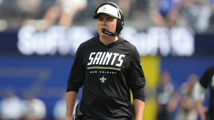Aug 22, 2026; Inglewood, California, USA; New Orleans Saints head coach Kellen Moore] reacts against the Los Angeles Rams in the second half at SoFi Stadium. Mandatory Credit: Kirby Lee-Imagn Images