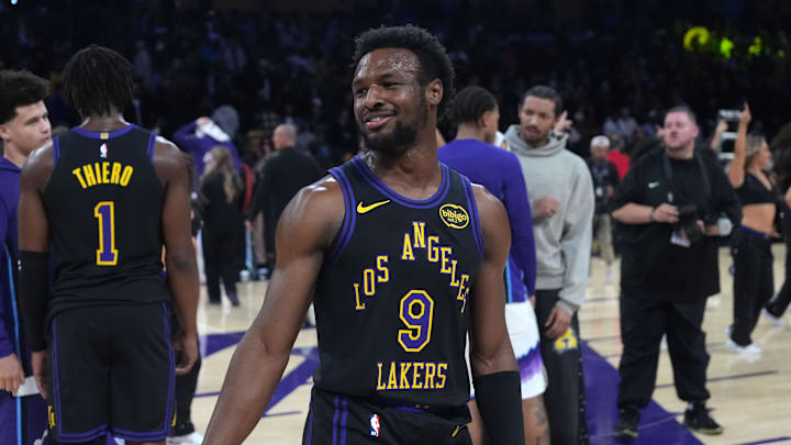 Nov 18, 2025; Los Angeles, California, USA; Los Angeles Lakers guard Bronny James (9) reacts after the game against the Utah Jazz at Crypto.com Arena. Mandatory Credit: Kirby Lee-Imagn Images Nov 18, 2025; Los Angeles, California, USA; Los Angeles Lakers guard Bronny James (9) reacts after the game against the Utah Jazz at Crypto.com Arena. Mandatory Credit: Kirby Lee-Imagn Images