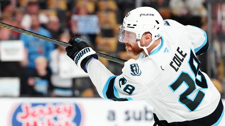 Apr 29, 2026; Las Vegas, Nevada, USA; Utah Mammoth defenseman Ian Cole (28) warms up before the start of game five of the first round of the 2026 Stanley Cup Playoffs against the Vegas Golden Knights at T-Mobile Arena. Mandatory Credit: Stephen R. Sylvanie-Imagn Images Apr 29, 2026; Las Vegas, Nevada, USA; Utah Mammoth defenseman Ian Cole (28) warms up before the start of game five of the first round of the 2026 Stanley Cup Playoffs against the Vegas Golden Knights at T-Mobile Arena. Mandatory Credit: Stephen R. Sylvanie-Imagn Images
