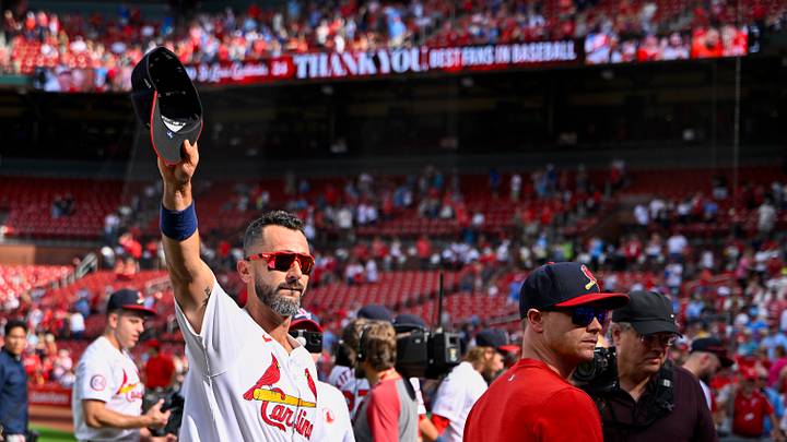 Sep 22, 2024; St. Louis, Missouri, USA;  St. Louis Cardinals designated hitter Matt Carpenter (13) salute their fans after their final home game of the season and a victory over the Cleveland Guardians at Busch Stadium. Mandatory Credit: Jeff Curry-Imagn Images