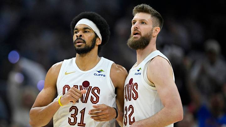 Apr 29, 2026; Cleveland, Ohio, USA; Cleveland Cavaliers center Jarrett Allen (31) and forward Dean Wade (32) react against the Toronto Raptors in the first quarter of game five of the first round of the 2026 NBA Playoffs at Rocket Arena. Mandatory Credit: David Richard-Imagn Images Apr 29, 2026; Cleveland, Ohio, USA; Cleveland Cavaliers center Jarrett Allen (31) and forward Dean Wade (32) react against the Toronto Raptors in the first quarter of game five of the first round of the 2026 NBA Playoffs at Rocket Arena. Mandatory Credit: David Richard-Imagn Images