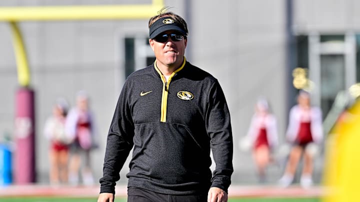 Oct 12, 2024; Amherst, Massachusetts, USA; Missouri Tigers head coach Eliah Drinkwitz returns to the sideline during the second half against the Massachusetts Minutemen at Warren McGuirk Alumni Stadium. Mandatory Credit: Eric Canha-Imagn Images