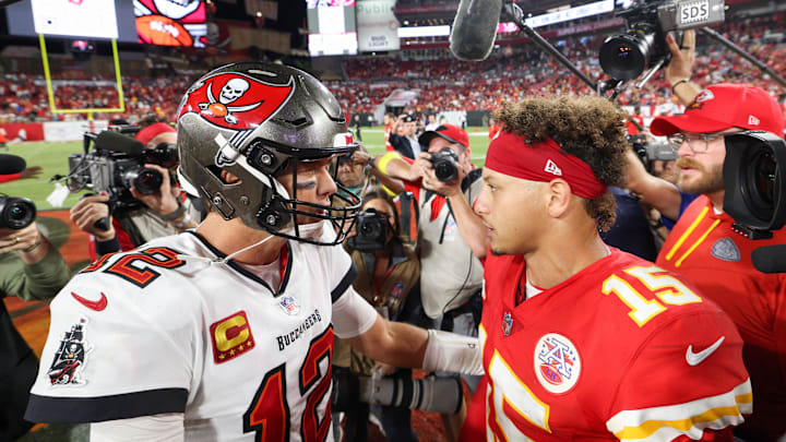 Oct 2, 2022; Tampa, Florida, USA; Tampa Bay Buccaneers quarterback Tom Brady (12) greets Kansas City Chiefs quarterback Patrick Mahomes (15) after a game at Raymond James Stadium. Mandatory Credit: Nathan Ray Seebeck-Imagn Images Oct 2, 2022; Tampa, Florida, USA; Tampa Bay Buccaneers quarterback Tom Brady (12) greets Kansas City Chiefs quarterback Patrick Mahomes (15) after a game at Raymond James Stadium. Mandatory Credit: Nathan Ray Seebeck-Imagn Images