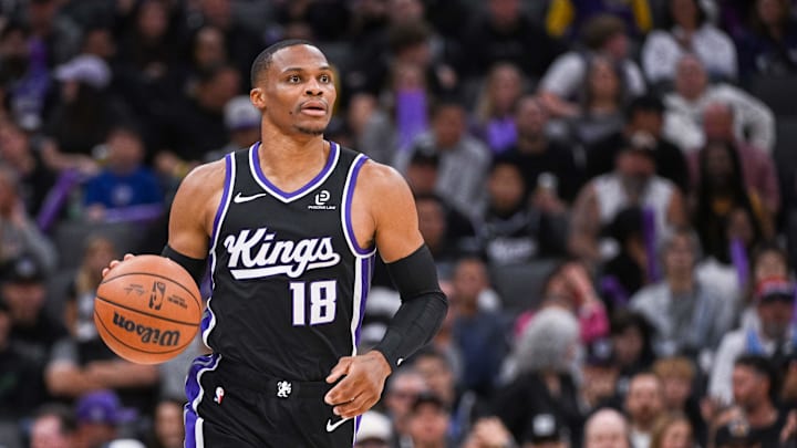 Oct 26, 2025; Sacramento, California, USA; Sacramento Kings guard Russell Westbrook (18) pushed the ball up the court against the Los Angeles Lakers during the third quarter at Golden 1 Center. Mandatory Credit: Ed Szczepanski-Imagn Images