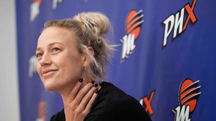 Sophie Cunningham speaks to members of the media at Player 15 HQ in Phoenix on Sept. 26, 2024.