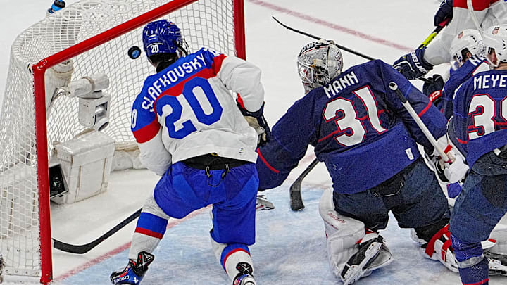 Feb 16, 2022; Beijing, China;  Slovakia forward Marek Hrivik (not pictured) scores a goal against 