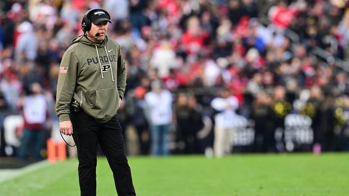 Purdue Boilermakers head coach Barry Odom looks on during the third quarter against the Ohio State Buckeyes. Purdue Boilermakers head coach Barry Odom looks on during the third quarter against the Ohio State Buckeyes.