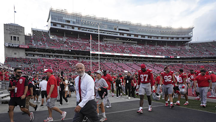 Associate Athletics Director, Communications, Jerry Emig leaves the field following the August 31, 2024 NCAA Division I football game against the Akron Zips at Ohio Stadium.