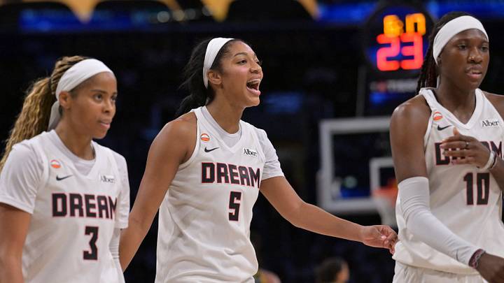 Aug 20, 2026; Los Angeles, California, USA;  Atlanta Dream guard Jordin Canada (3), Atlanta Dream forward Angel Reese (5) and Atlanta Dream guard Rhyne Howard (10) leave the court during a time out in the first half against the Los Angeles Sparks at Crypto.com Arena. Mandatory Credit: Jayne Kamin-Oncea-Imagn Images
