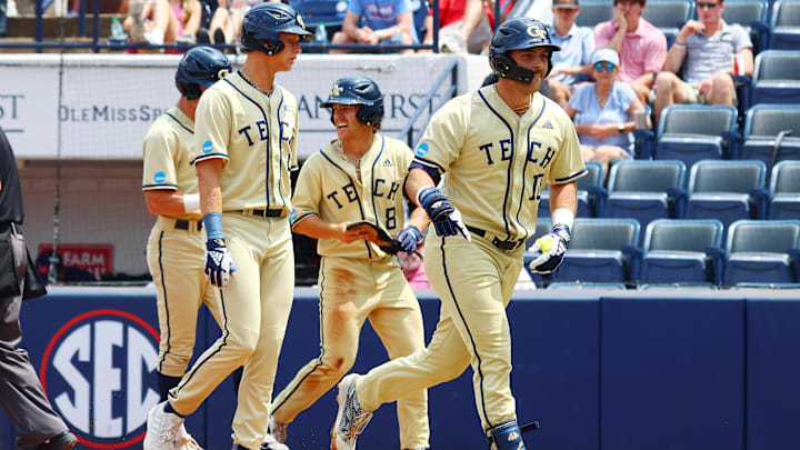 Jun 1, 2025; Oxford, MS, USA; Georgia Tech Yellowjackets first baseman Kent Schmidt (10) reacts as he returns to the dugout after a home run during the first inning against the Mississippi Rebels. Mandatory Credit: Petre Thomas-Imagn Images