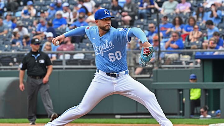 Apr 24, 2025; Kansas City, Missouri, USA;  Kansas City Royals relief pitcher Lucas Erceg (60) throws a pitch in the eighth inning against the Colorado Rockies at Kauffman Stadium. Mandatory Credit: Peter Aiken-Imagn Images