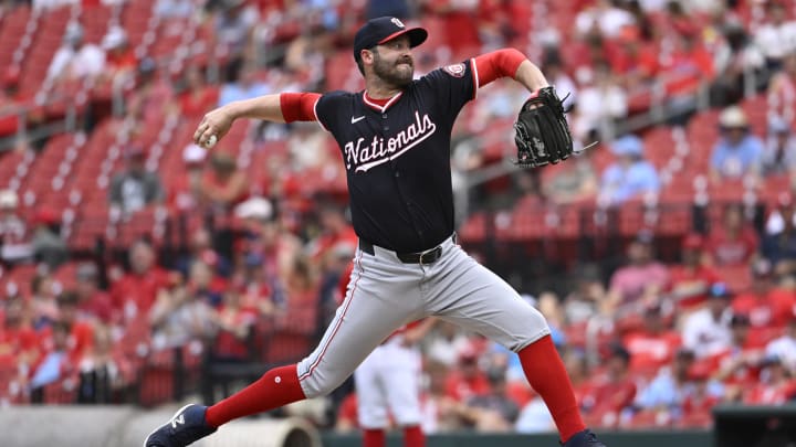Jul 28, 2024; St. Louis, Missouri, USA; Washington Nationals relief pitcher Dylan Floro (44) throws against the St. Louis Cardinals during the eighth inning at Busch Stadium. Mandatory Credit: Jeff Le-USA TODAY Sports Jul 28, 2024; St. Louis, Missouri, USA; Washington Nationals relief pitcher Dylan Floro (44) throws against the St. Louis Cardinals during the eighth inning at Busch Stadium. Mandatory Credit: Jeff Le-USA TODAY Sports
