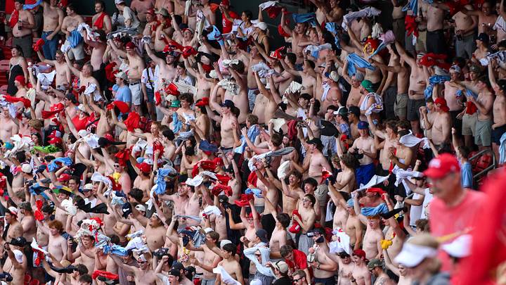 May 16, 2026; St. Louis, Missouri, USA; A section of shirtless fans celebrate after the St. Louis Cardinals defeated the Kansas City Royals at Busch Stadium. Mandatory Credit: Jeff Curry-Imagn Images