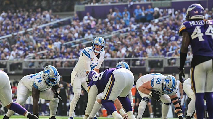 Oct 20, 2024; Minneapolis, Minnesota, USA; Detroit Lions quarterback Jared Goff (16) prepares for the snap against the Minnesota Vikings during the second quarter at U.S. Bank Stadium. Mandatory Credit: Jeffrey Becker-Imagn Images