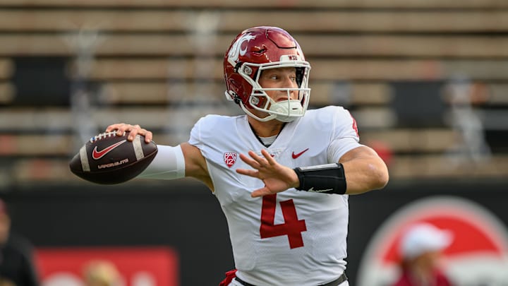 Nov 1, 2025; Corvallis, Oregon, USA; Washington State Cougars quarterback Zevi Eckhaus (4) prepares to throw a pass during warmups before the game against the Oregon State Beavers at Reser Stadium. Mandatory Credit: Craig Strobeck-Imagn Images Nov 1, 2025; Corvallis, Oregon, USA; Washington State Cougars quarterback Zevi Eckhaus (4) prepares to throw a pass during warmups before the game against the Oregon State Beavers at Reser Stadium. Mandatory Credit: Craig Strobeck-Imagn Images