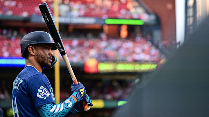 Apr 24, 2026; St. Louis, Missouri, USA; Seattle Mariners center fielder Julio Rodríguez (44) looks on from the dugout during the first inning against the St. Louis Cardinals at Busch Stadium. Mandatory Credit: Jeff Curry-Imagn Images
