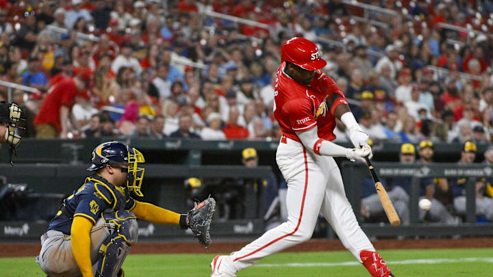Sep 19, 2025; St. Louis, Missouri, USA;  St. Louis Cardinals right fielder Jordan Walker (18) hits a one run single against the Milwaukee Brewers during the fifth inning at Busch Stadium. Mandatory Credit: Jeff Curry-Imagn Images