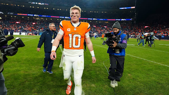 Bo Nix reacts after the Broncos’ playoff win over the Bills.
