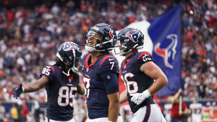 Nov 5, 2023; Houston, Texas, USA; Houston Texans quarterback C.J. Stroud (7) celebrates his touchdown against the Tampa Bay Buccaneers in the fourth quarter at NRG Stadium. Mandatory Credit: Thomas Shea-USA TODAY Sports